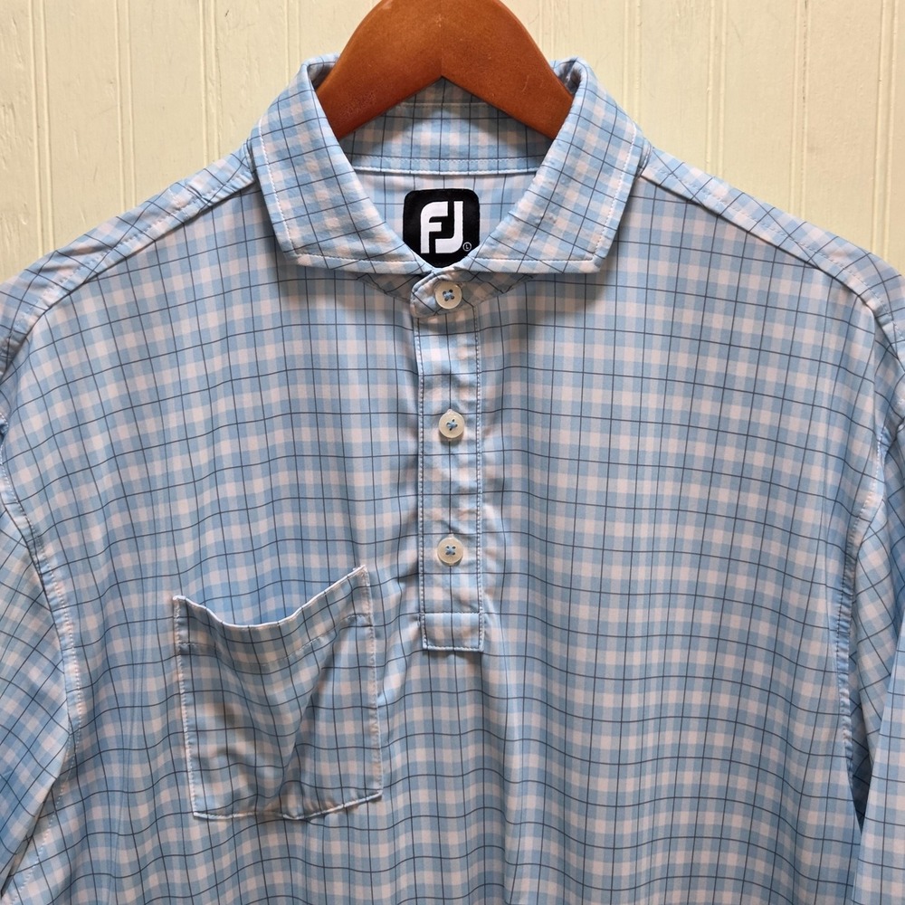 FootJoy Polo Shirt Mens L Blue Check Lightweight Stretch Golf Performance Top